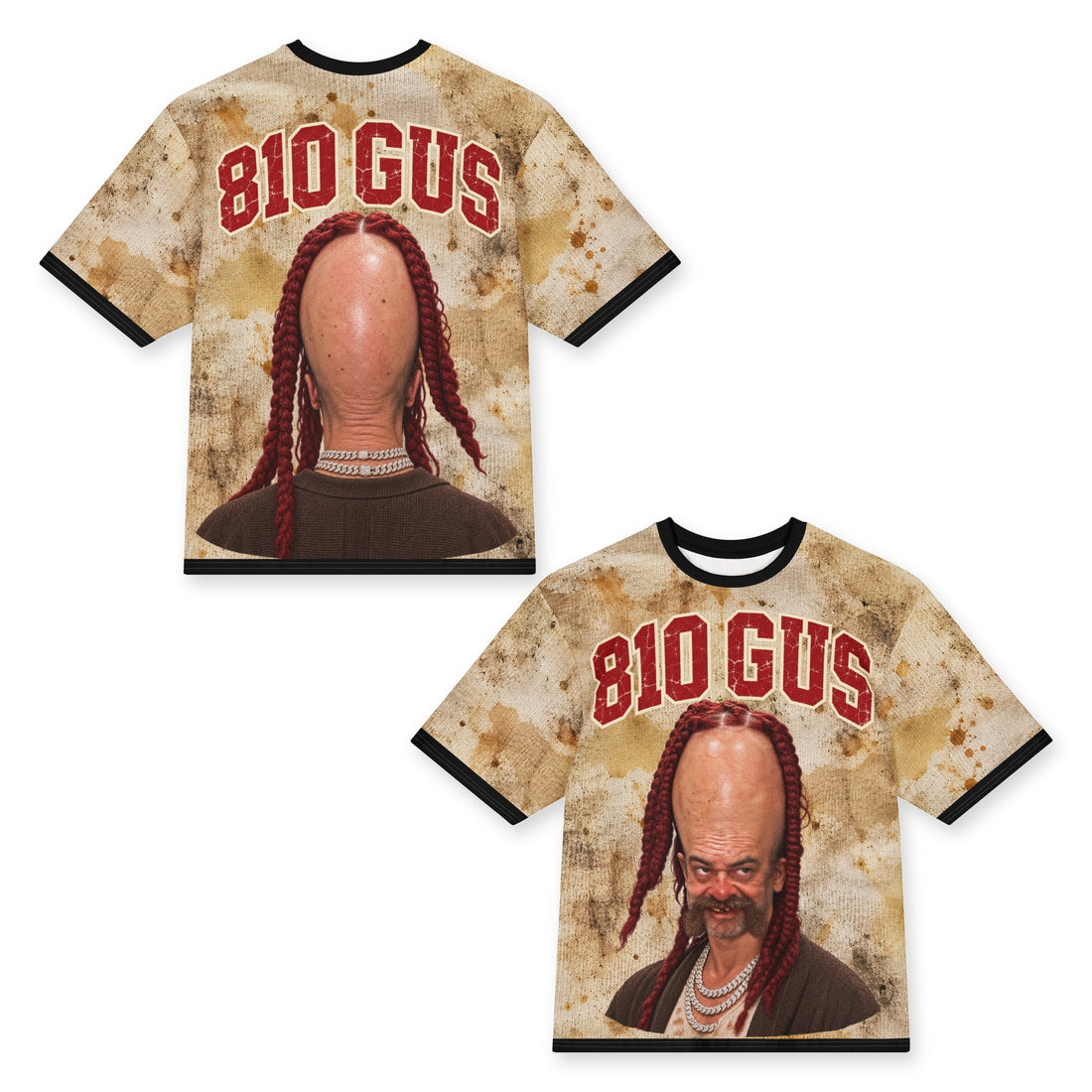 810 Gus Dirty All-Over Print Oversized Tee, front and back