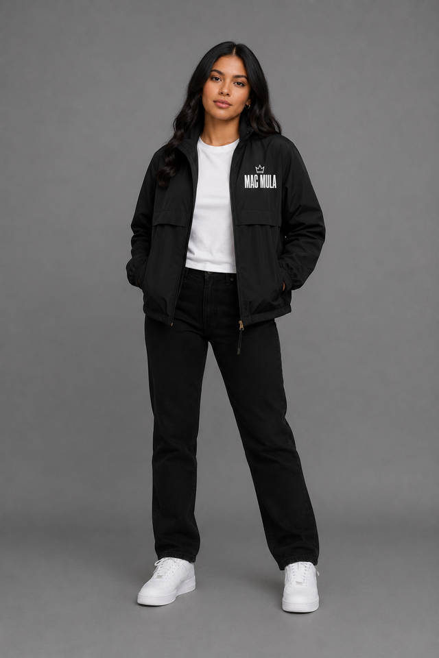 Model wearing the MAC MULA Crown Zip Windbreaker in black, front view