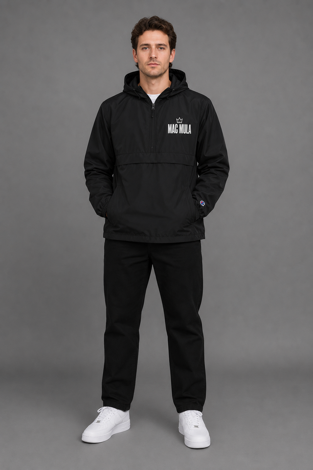 Model wearing the MAC MULA packable anorak in black, front view