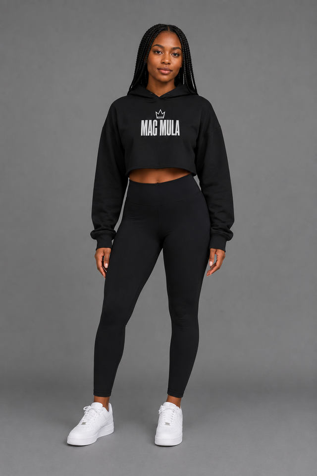 Model wearing the MAC MULA Crown Crop Hoodie in black, front view