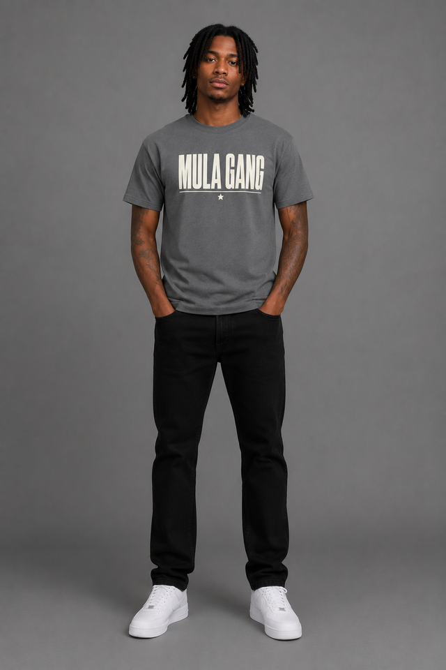 Model wearing the MULA GANG Tee in asphalt grey, front view