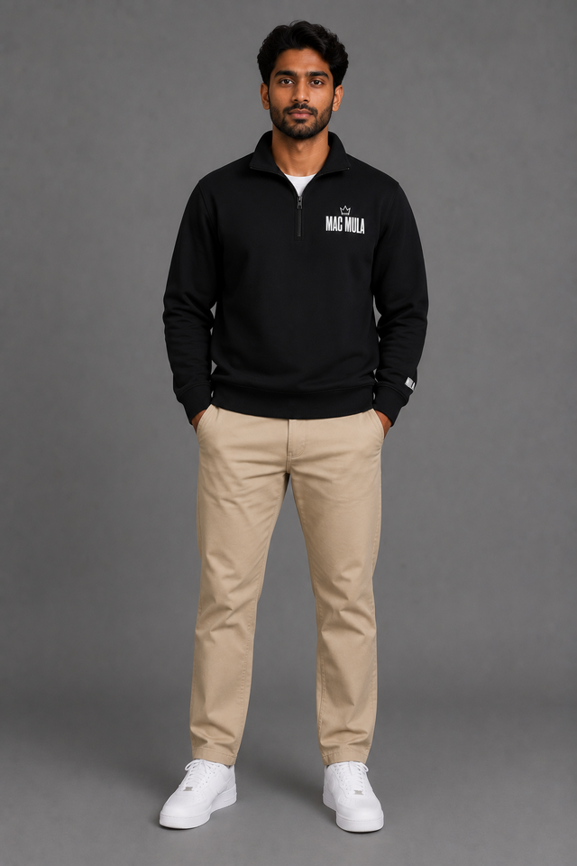 Model wearing the MAC MULA Crown Quarter-Zip Fleece in black, front view