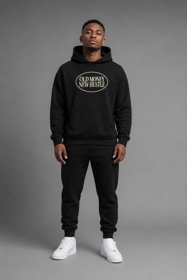Model wearing the MAC MULA Old Money New Hustle Hoodie, front view