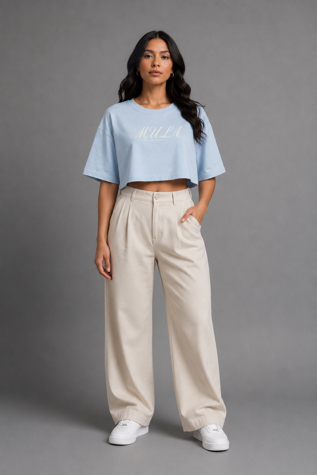 Model wearing the MULA Script Garment-Dye Cropped Tee, front view