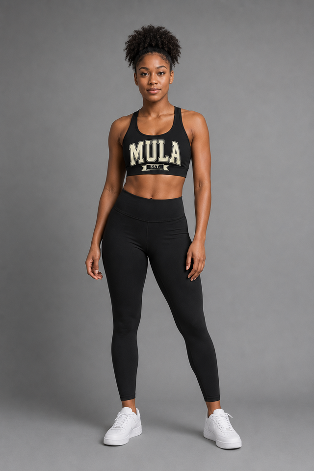 Model wearing the MULA Varsity Padded Sports Bra, front view