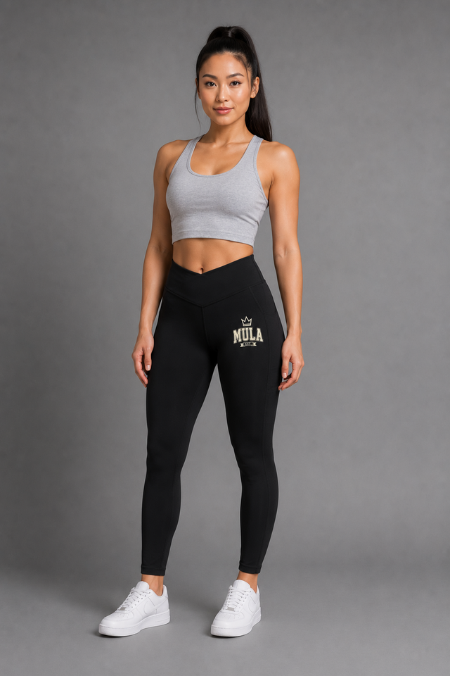 Model wearing the MULA Varsity Leggings with Pockets, front view