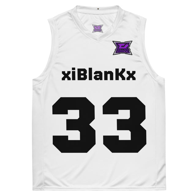 xiBlanKx #33 white basketball jersey front view with xiBlanKx wordmark and 33
