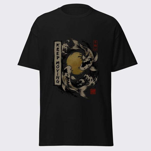 KEEP MOVING koi fish circling a golden moon in Japanese ink art graphic on a black tee