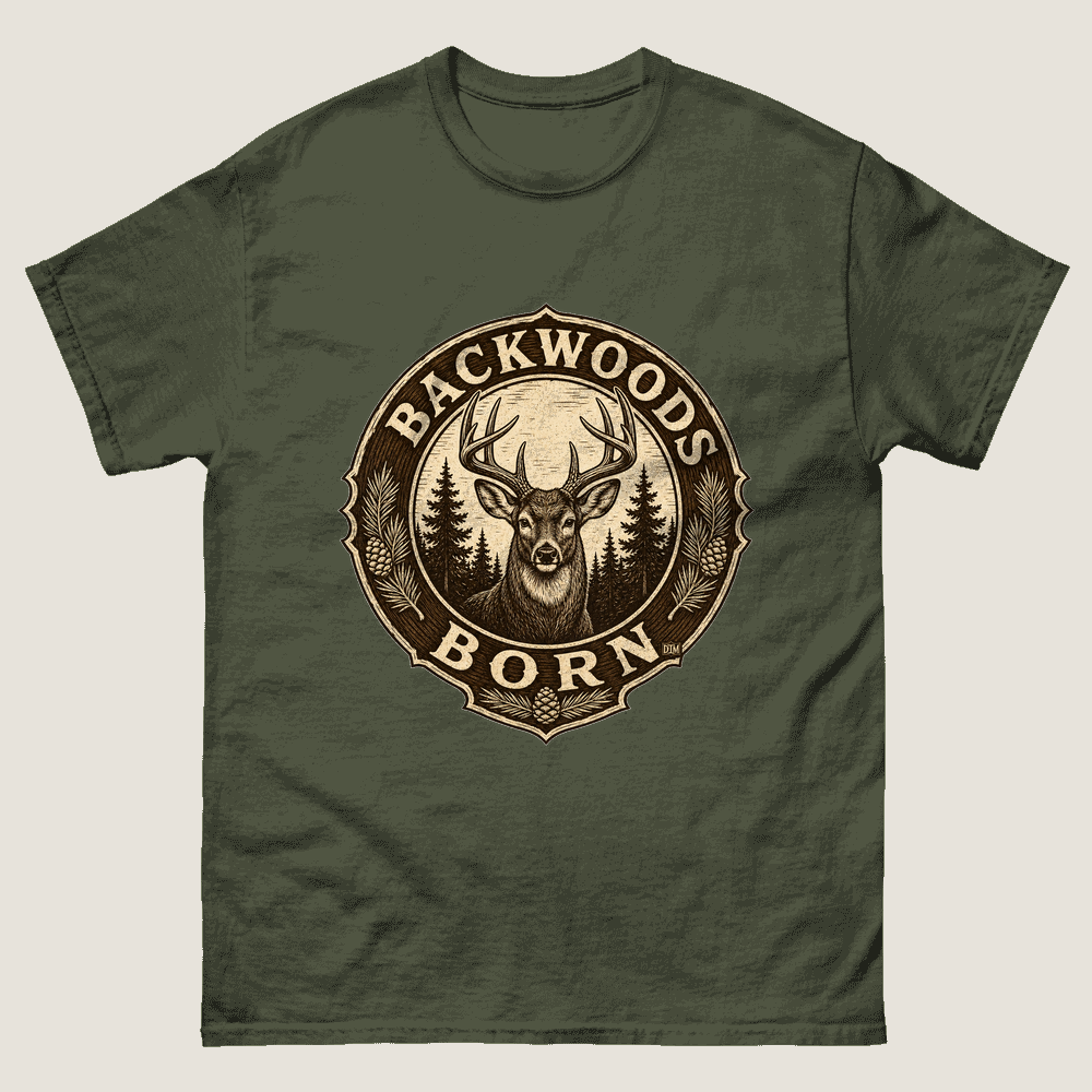 BACKWOODS BORN circling a vintage whitetail buck head between pines in aged cream on a military green tee