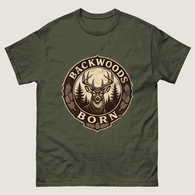 BACKWOODS BORN circling a vintage whitetail buck head between pines in aged cream on a military green tee