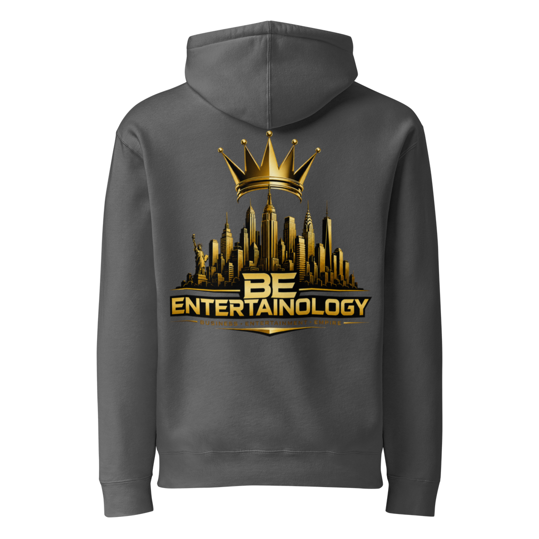 BE Entertainology hoodie — gold skyline back