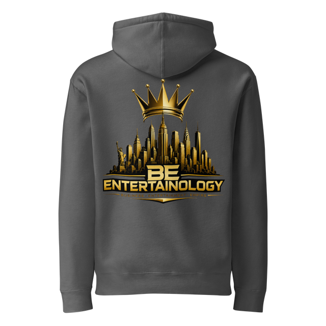BE Entertainology hoodie — gold skyline back
