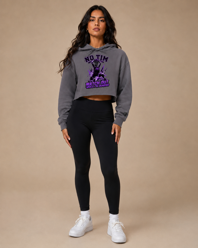 BlanK No Tim Crop Hoodie — storm gray on model