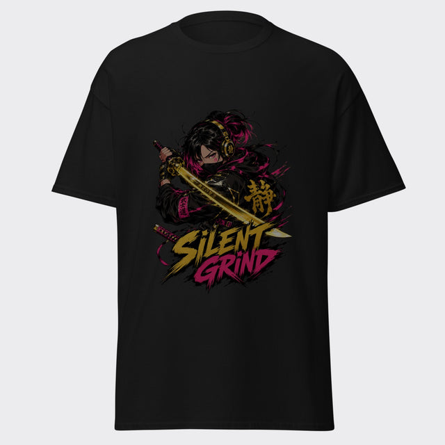 SILENT GRIND hooded samurai drawing a glowing gold katana anime graphic on a black tee