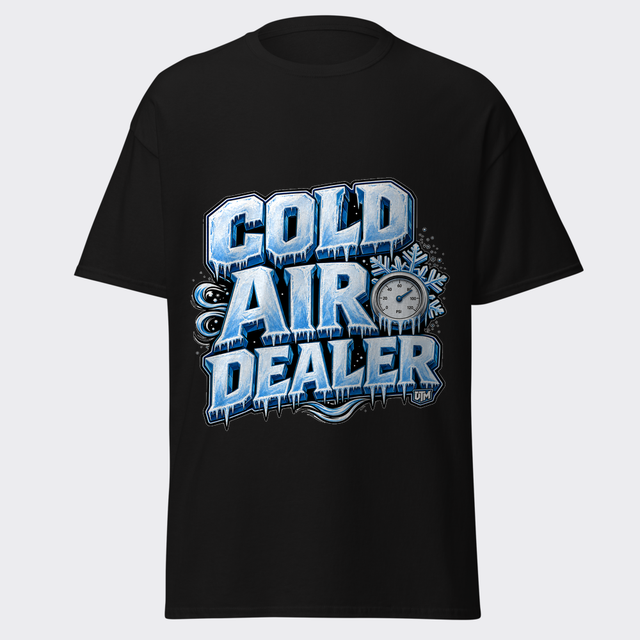 COLD AIR DEALER frosty ice-blue block letters with icicles and a snowflake gauge on a black tee
