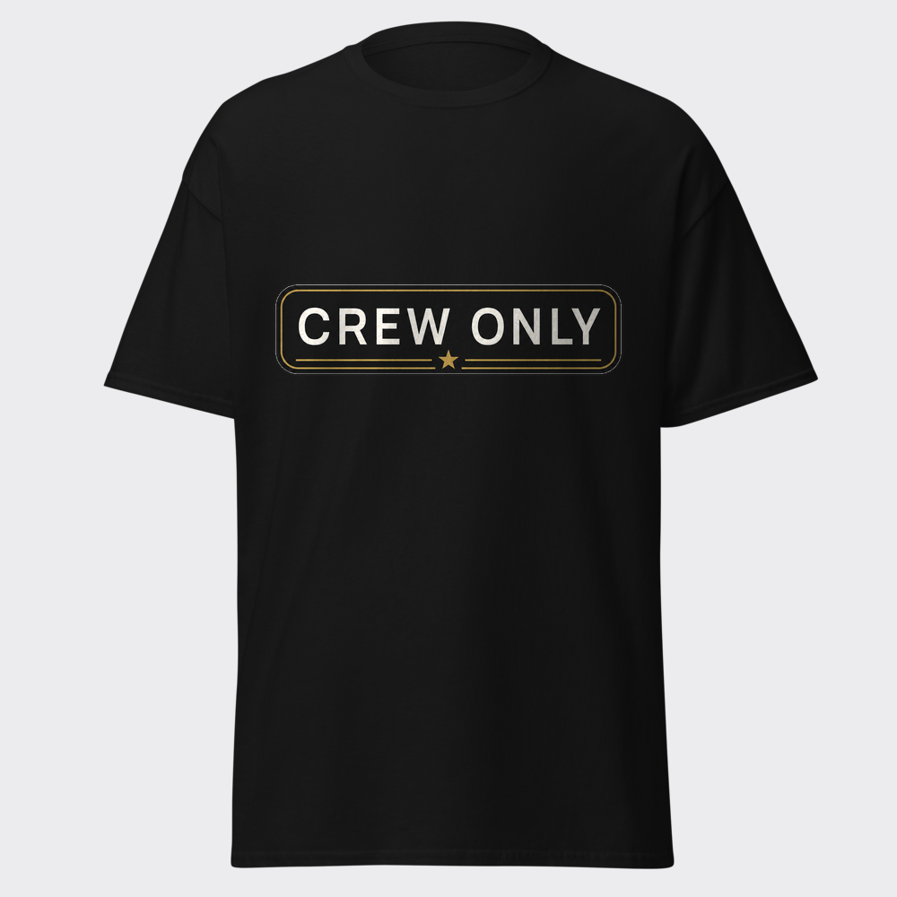 CREW ONLY premium minimal badge in off-white and gold on a black heavyweight tee