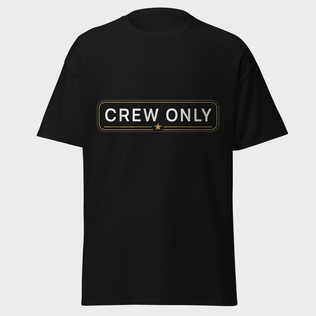 CREW ONLY premium minimal badge in off-white and gold on a black heavyweight tee