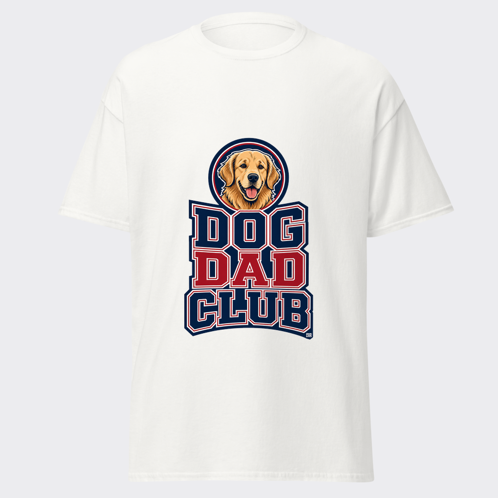 DOG DAD CLUB collegiate varsity letters with a friendly retriever mascot in a circle on a white tee