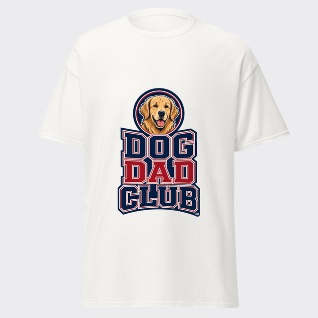 DOG DAD CLUB collegiate varsity letters with a friendly retriever mascot in a circle on a white tee