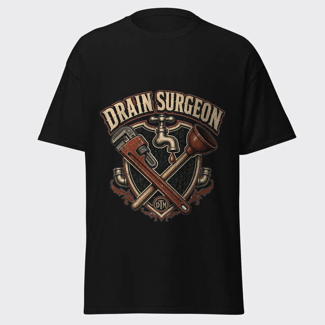 DRAIN SURGEON arched over a crossed pipe-wrench and plunger crest in weathered cream and rust on a black tee
