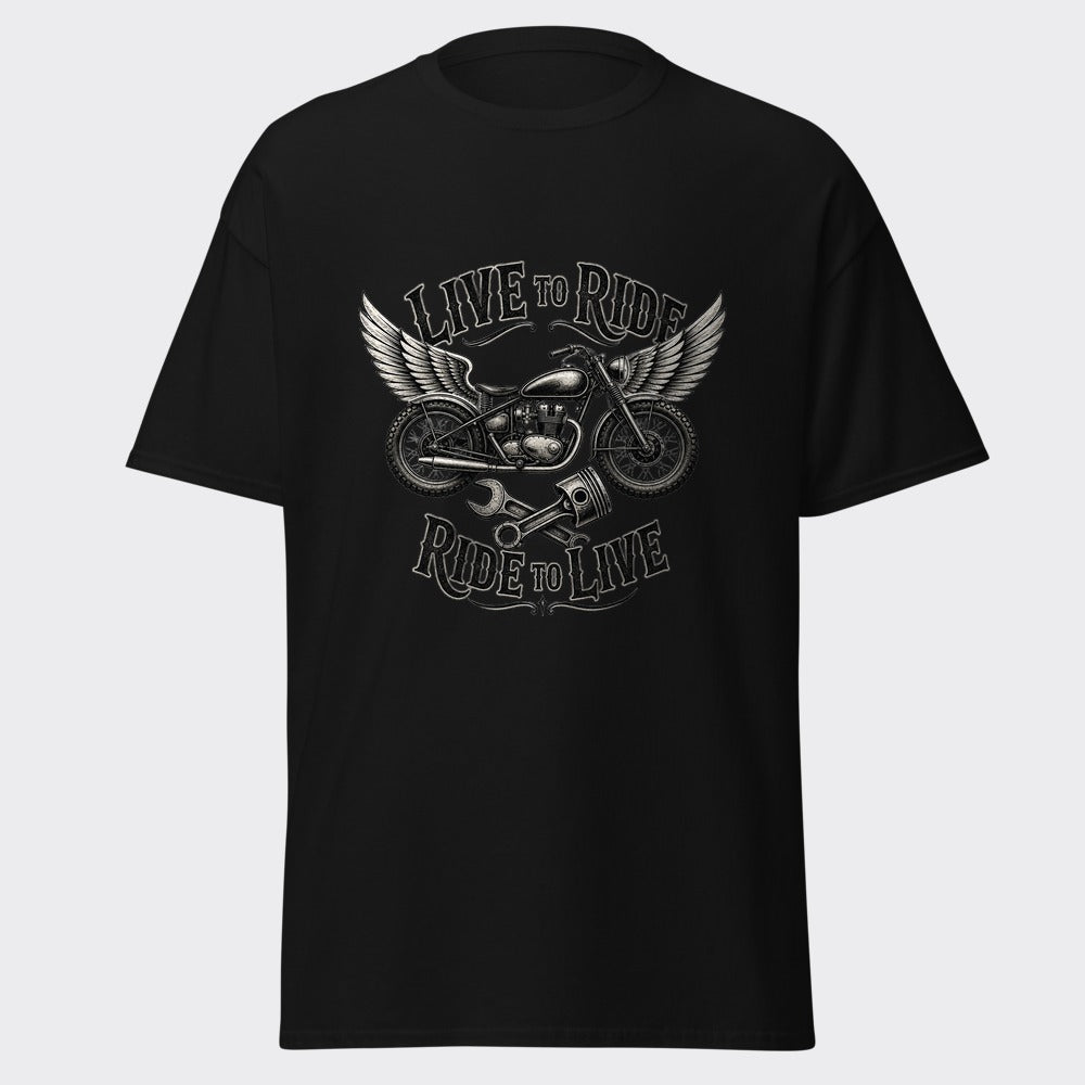 LIVE TO RIDE winged motorcycle biker design on a heavyweight black tee
