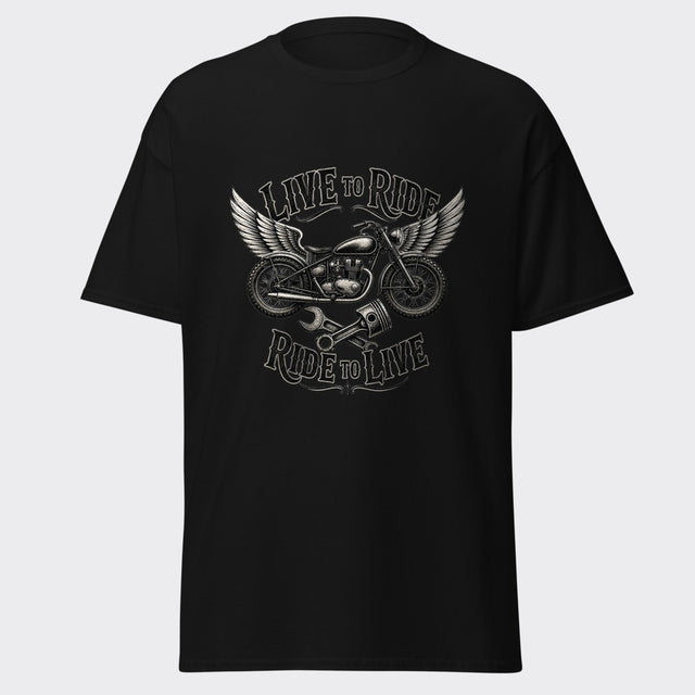 LIVE TO RIDE winged motorcycle biker design on a heavyweight black tee
