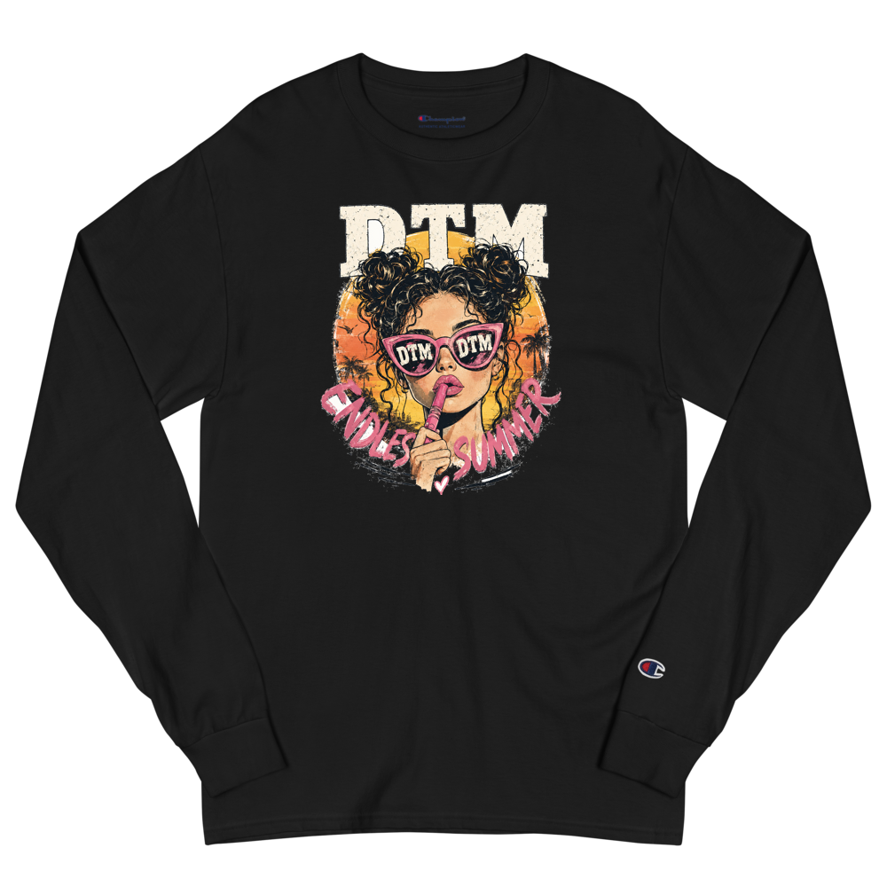 DTM Endless Summer retro sunset design on a black Champion long sleeve