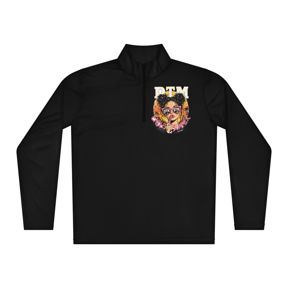 Endless Summer left-chest badge on a black Sport-Tek quarter-zip