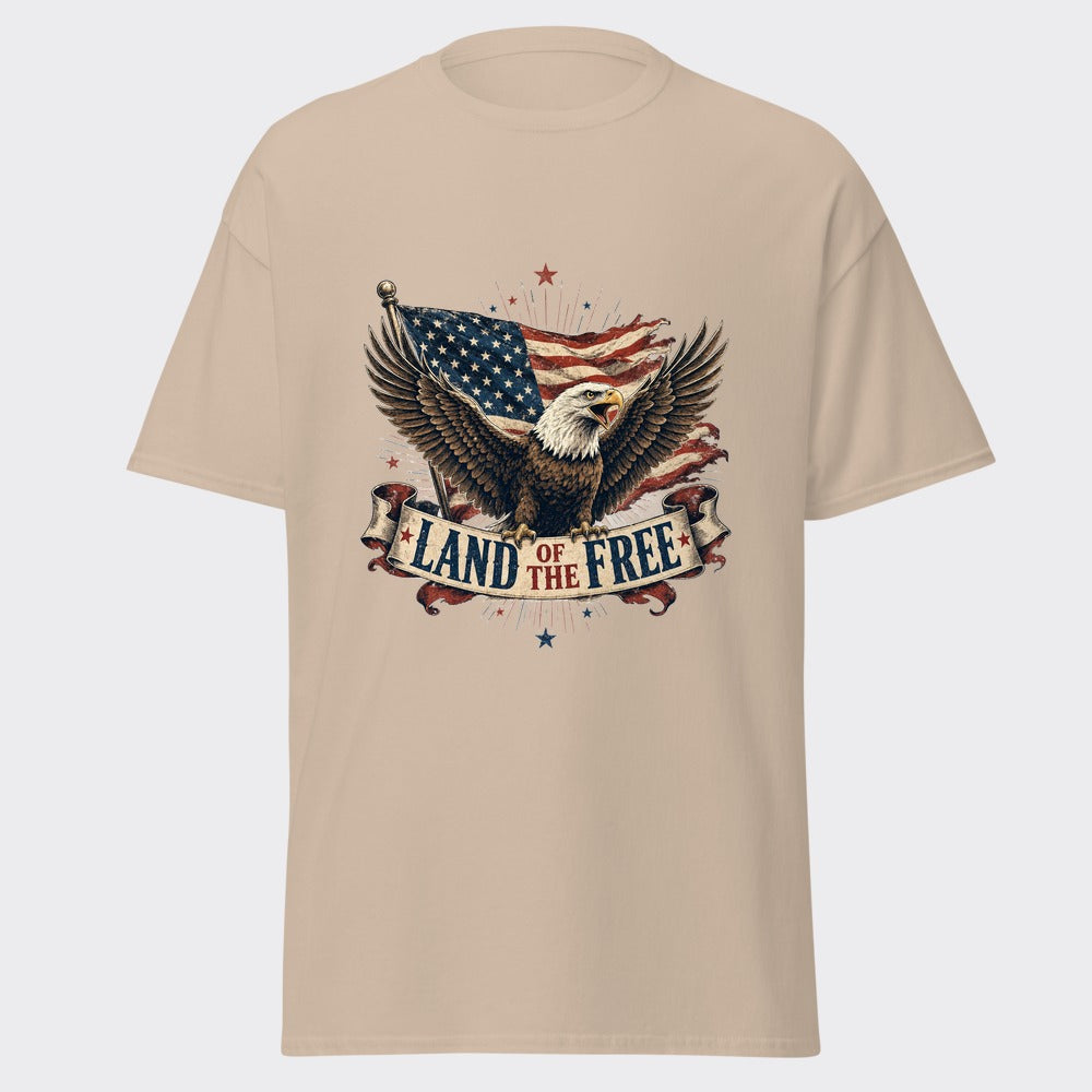 LAND OF THE FREE eagle and American flag patriot design on a vintage sand tee