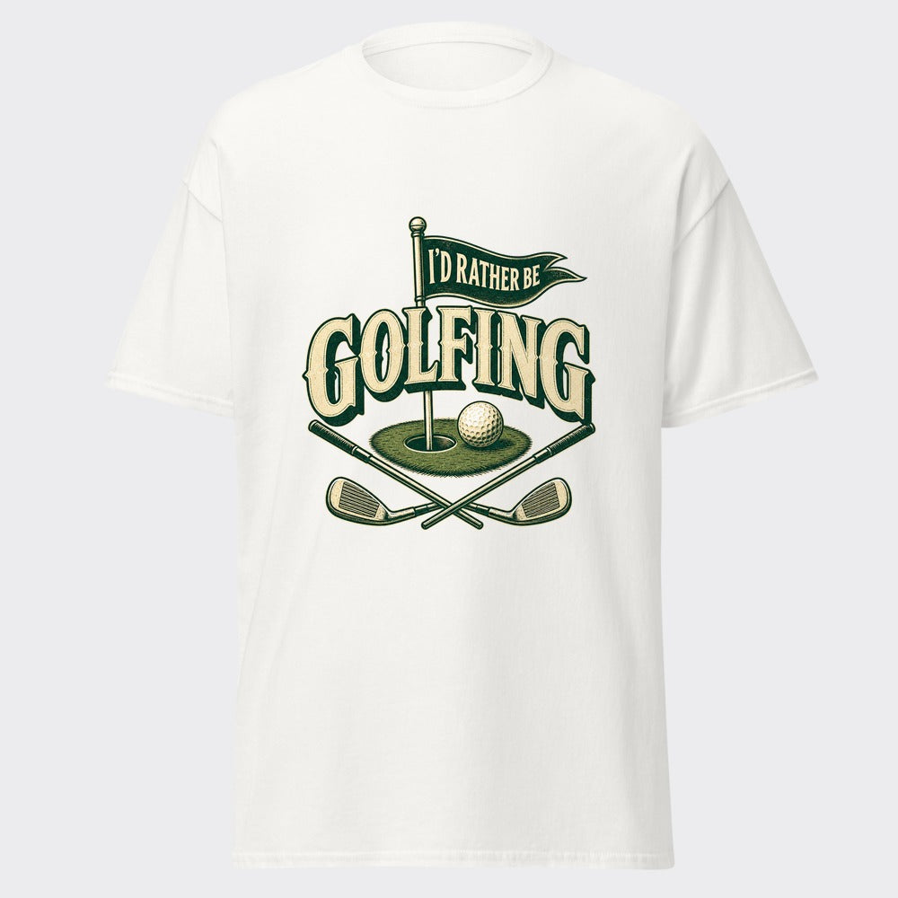 I'd Rather Be Golfing vintage pennant design on a classic white tee