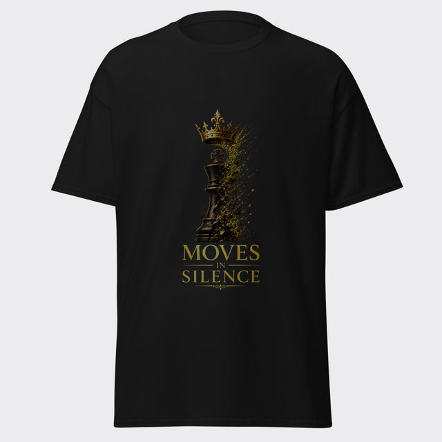 MOVES IN SILENCE gold-crowned chess king rising from shattered pieces graphic on a black tee