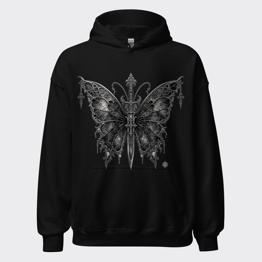 Ornate gothic butterfly with an engraved dagger body and filigree stained-glass wings in chrome-silver on a black hoodie