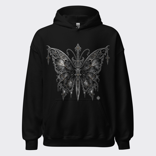 Ornate gothic butterfly with an engraved dagger body and filigree stained-glass wings in chrome-silver on a black hoodie