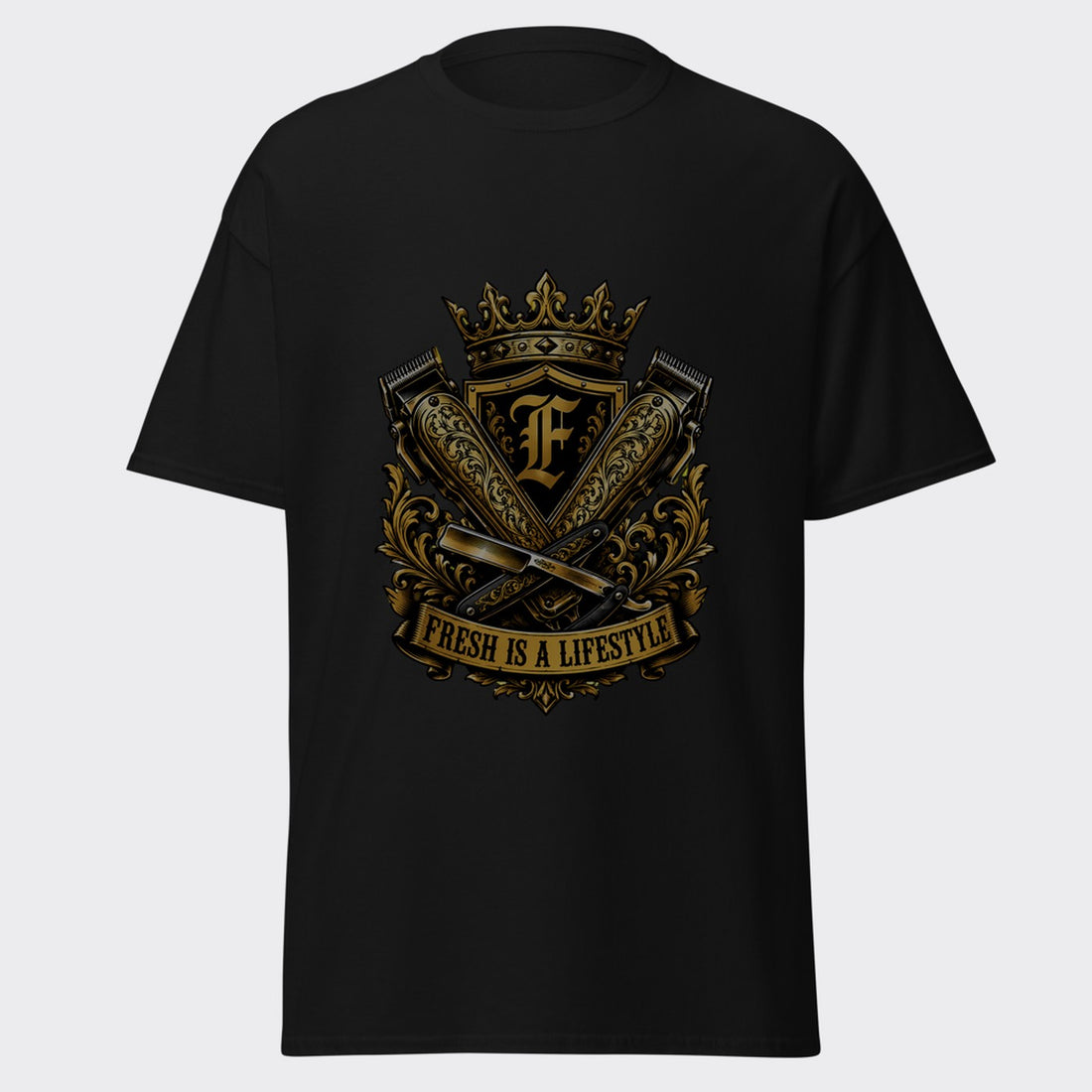 FRESH IS A LIFESTYLE ornate gold barber crest with clippers and razor graphic on a black tee