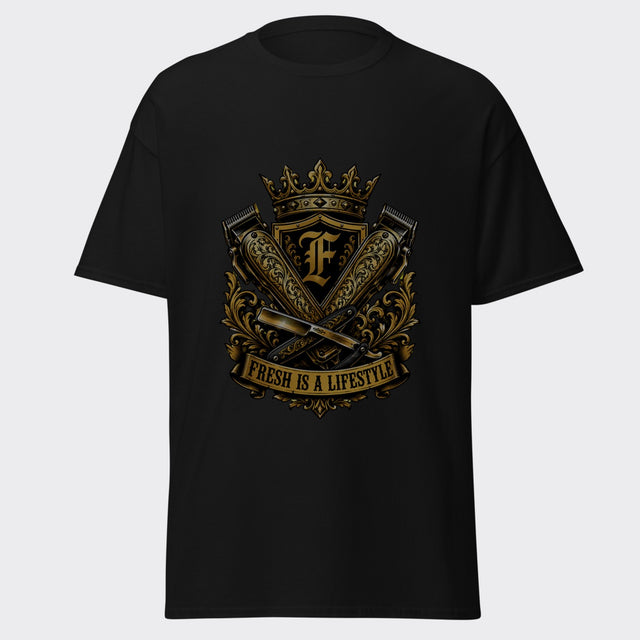 FRESH IS A LIFESTYLE ornate gold barber crest with clippers and razor graphic on a black tee
