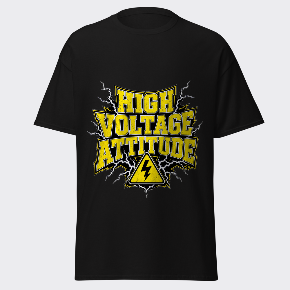 HIGH VOLTAGE ATTITUDE electric-yellow varsity letters with white lightning bolts and a warning triangle on a black tee