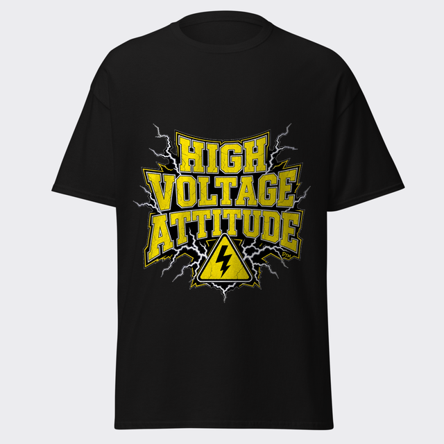 HIGH VOLTAGE ATTITUDE electric-yellow varsity letters with white lightning bolts and a warning triangle on a black tee