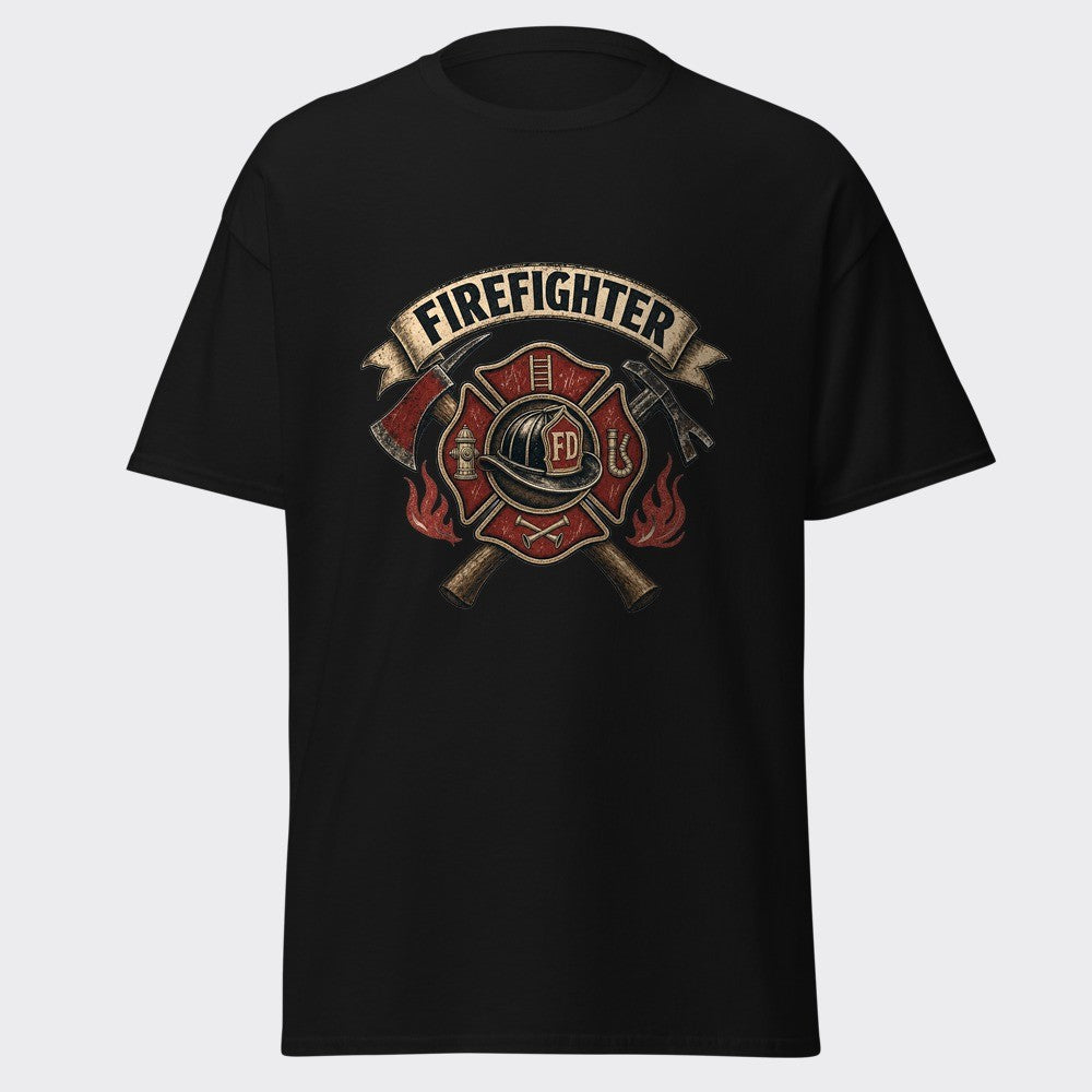 FIREFIGHTER crossed axes and Maltese cross design on a heavyweight black tee