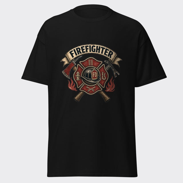 FIREFIGHTER crossed axes and Maltese cross design on a heavyweight black tee