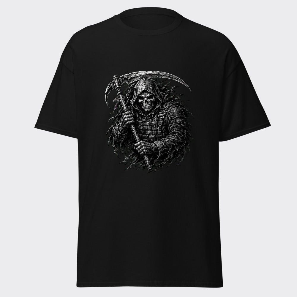 Reaper soldier grim duty veteran design on a heavyweight black tee