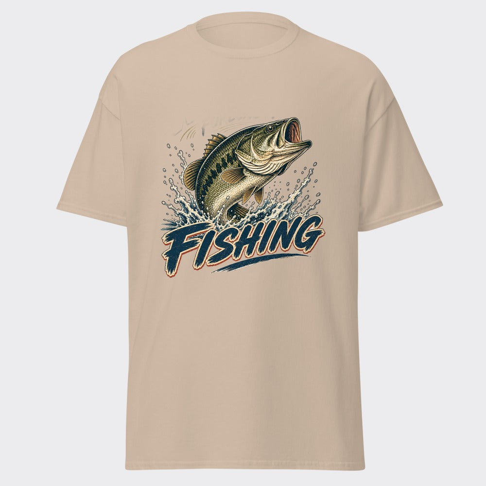 Bass strike vintage fishing graphic on a sand-colored tee