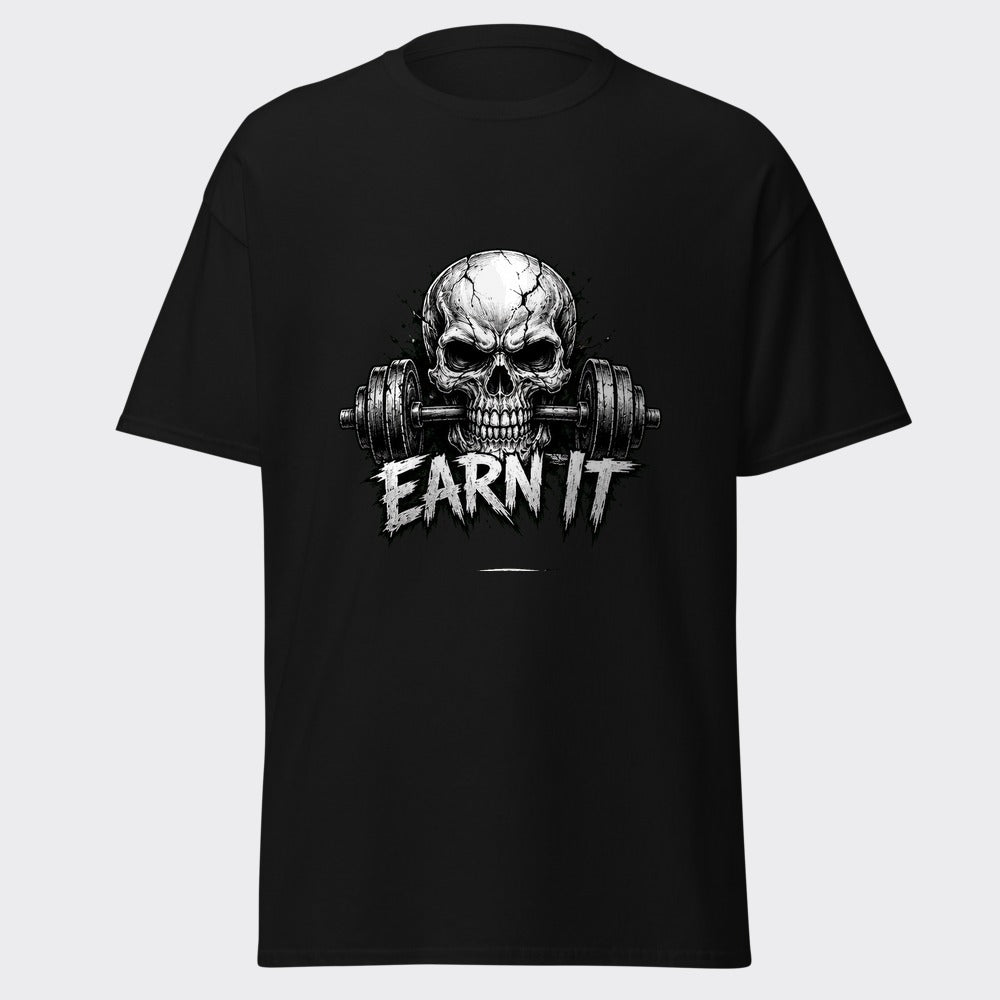 EARN IT skull and barbell veteran gym design on a heavyweight black tee