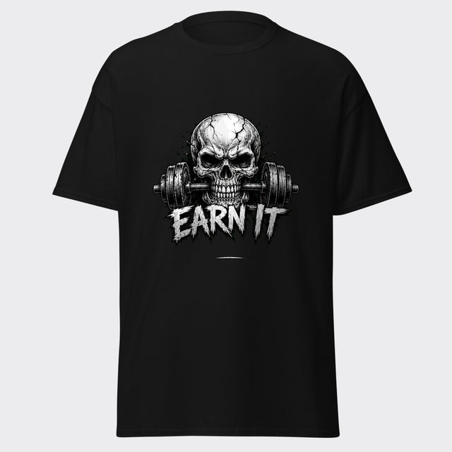 EARN IT skull and barbell veteran gym design on a heavyweight black tee