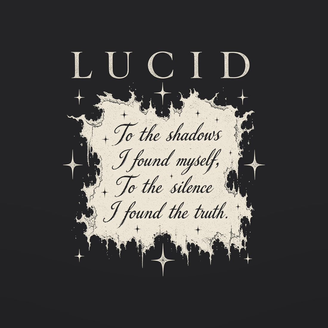LUCID Shadow Verse tee front print — distressed verse patch in ivory on black