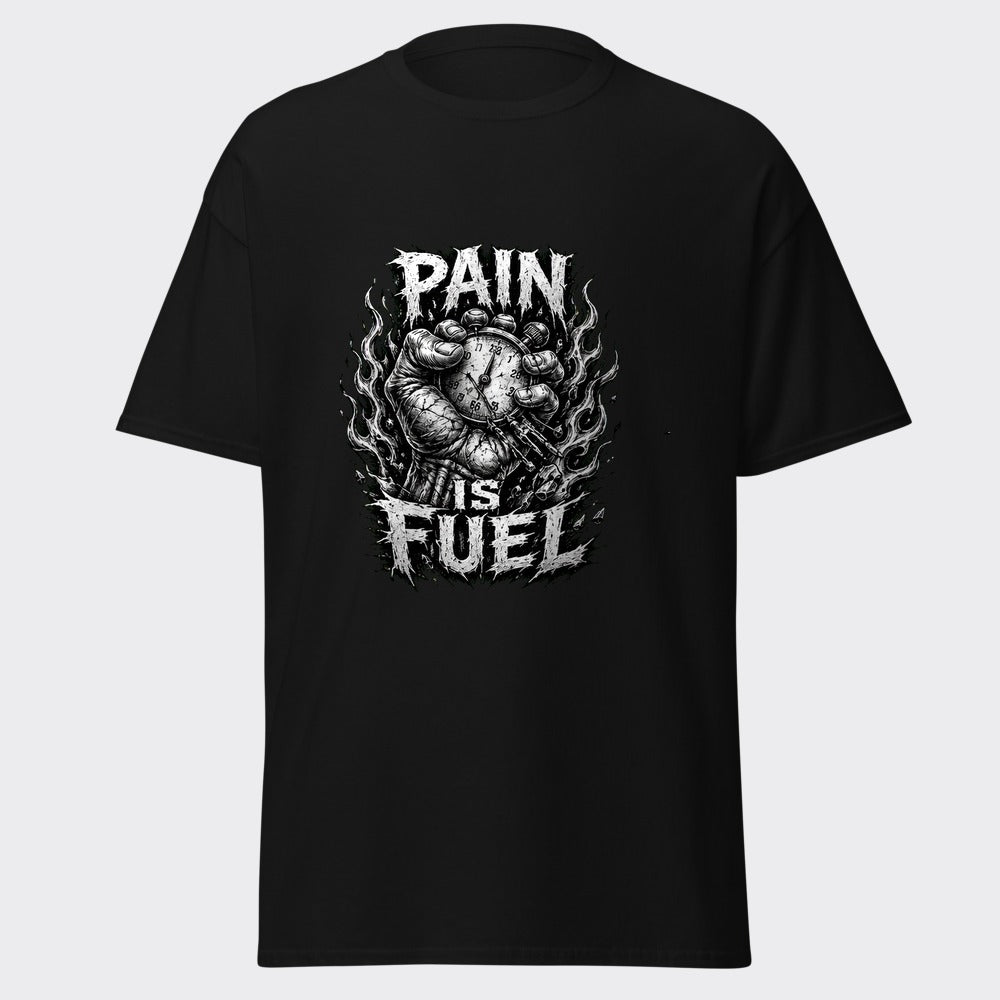 PAIN IS FUEL fist and stopwatch warrior mindset design on a heavyweight black tee