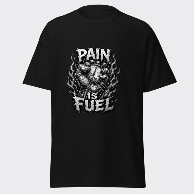 PAIN IS FUEL fist and stopwatch warrior mindset design on a heavyweight black tee