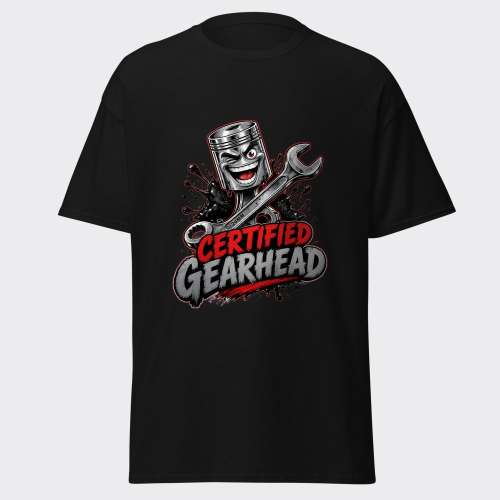 CERTIFIED GEARHEAD piston and wrench mechanic design on a heavyweight black tee