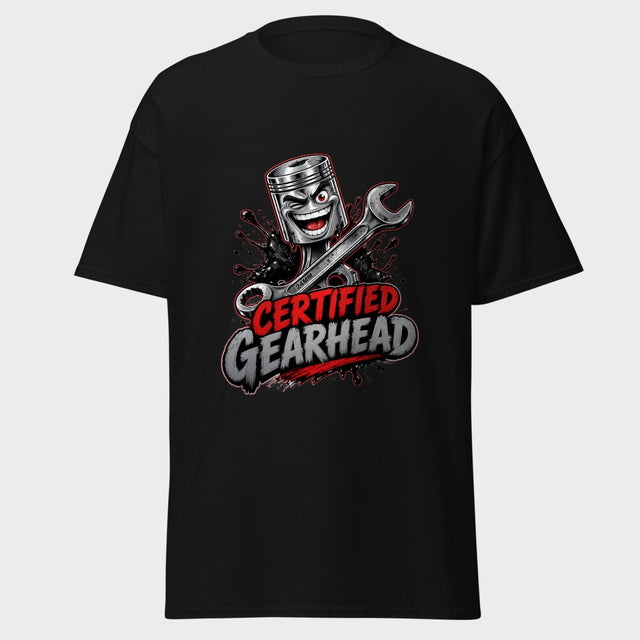 CERTIFIED GEARHEAD piston and wrench mechanic design on a heavyweight black tee