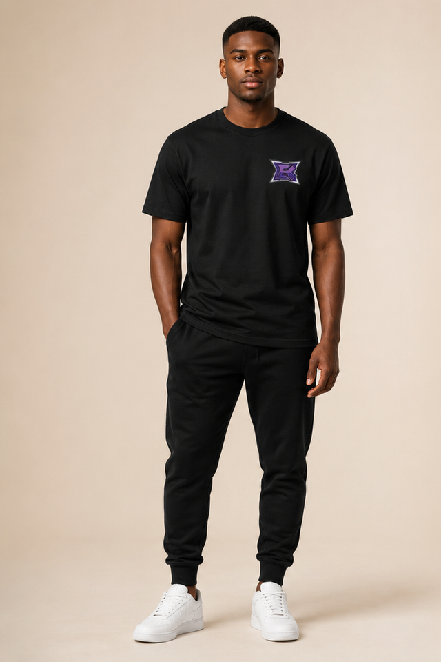 Model wearing BlanK B Monogram Tee — front