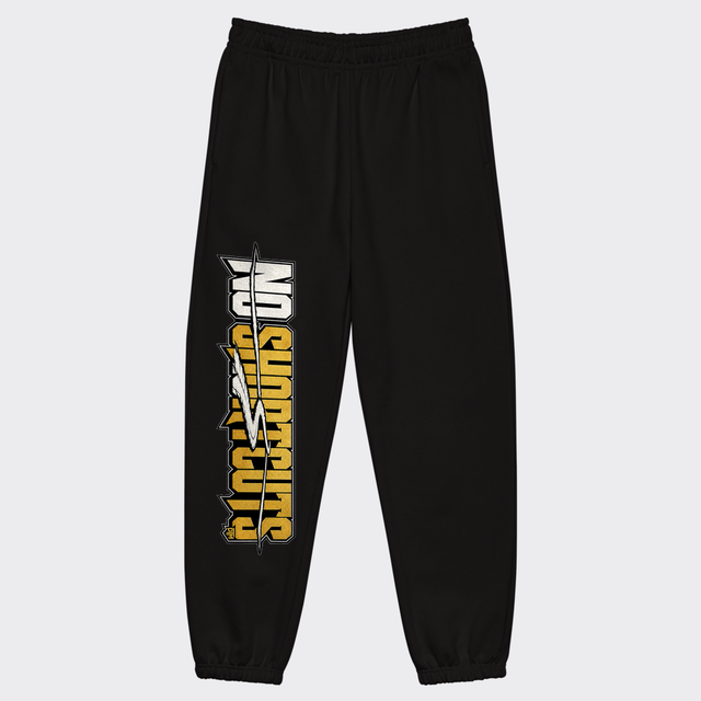 NO SHORTCUTS tall vertical off-white and gold leg print running down black heavyweight jogger sweatpants
